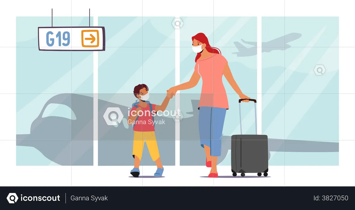 Family Holidays And Travel. Mother And Little Child With Luggage In Airport Terminal Modern Building Waiting Flight  Illustration