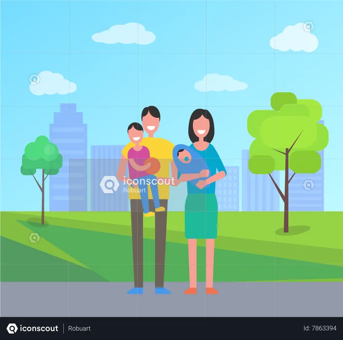 Family in City Park  Illustration
