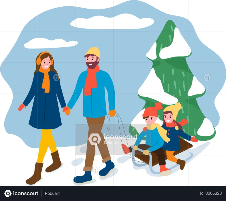 Family in Winter Forest and Kids Sitting on Sleigh  Illustration