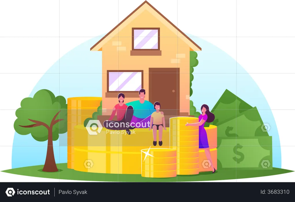 Family Income, Property Insurance, Mortgage Concept. Happy Family Characters front of Cottage with Piles of Huge Coins  Illustration