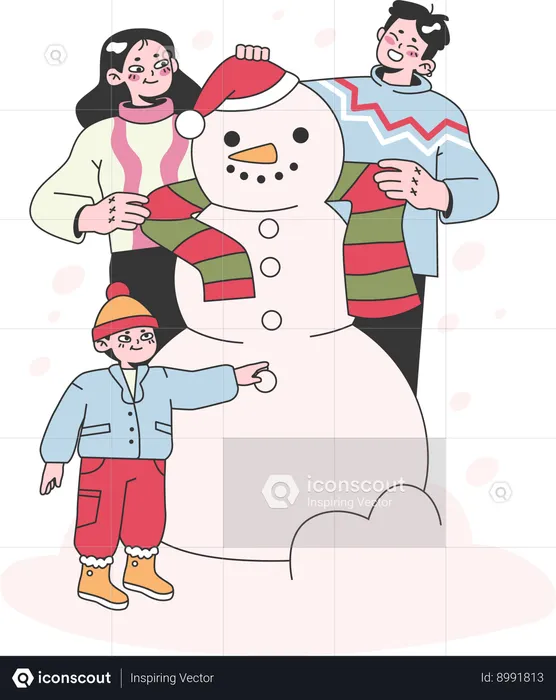 Family is decorating snowman  Illustration