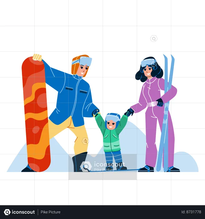 Family is enjoying skiing  Illustration