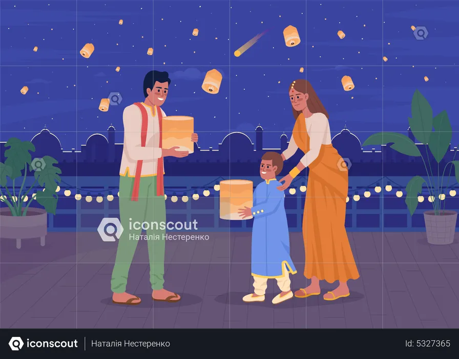 Family launching sky lanterns on Diwali  Illustration