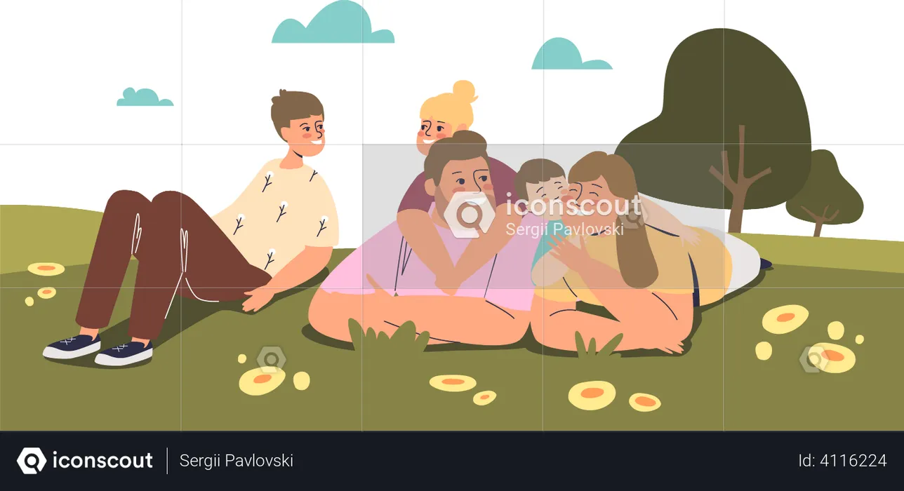 Family lying on grass in park  Illustration