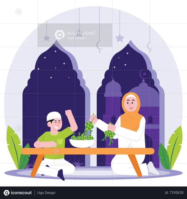 Family Making Ketupat For Eid Al Adha Day  Illustration