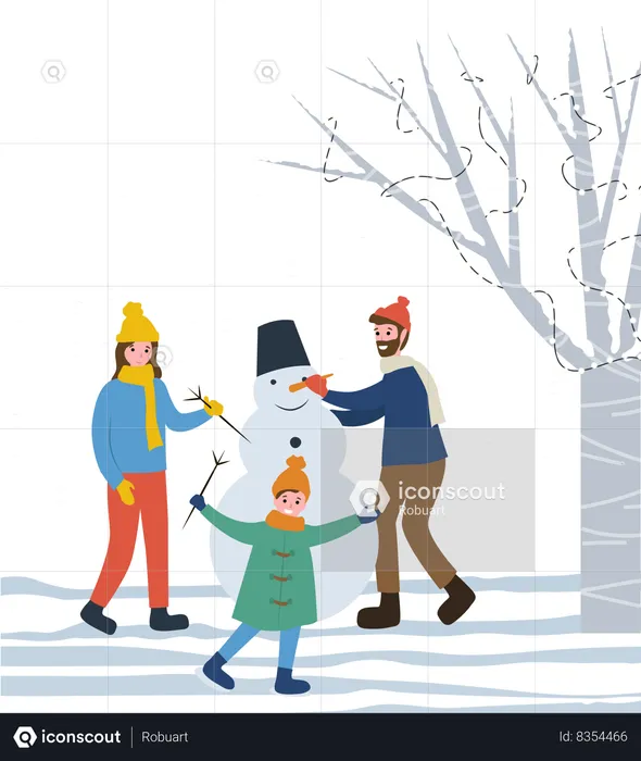 Family making Snowman in Park  Illustration