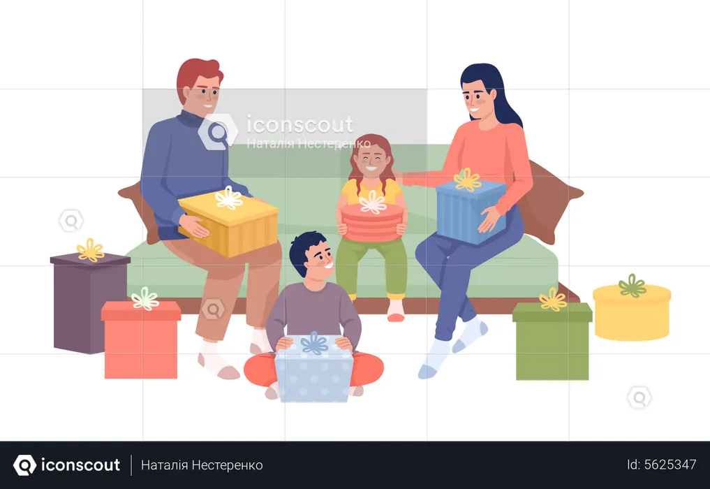 Family members unpacking gifts  Illustration