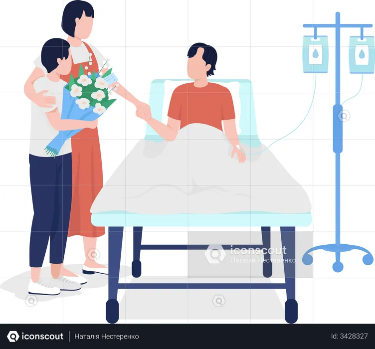 Family members visiting man in hospital  Illustration