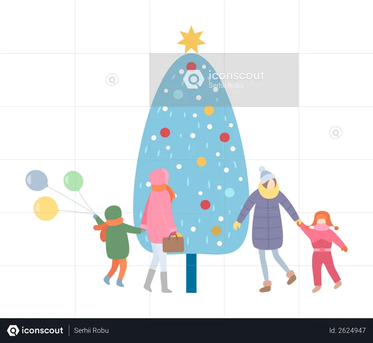 Family Mother and Kid Walking by Christmas Tree  Illustration
