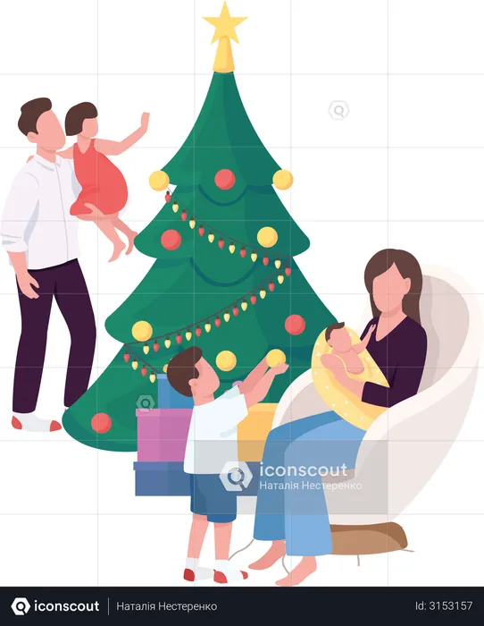 Family near Christmas tree at home  Illustration