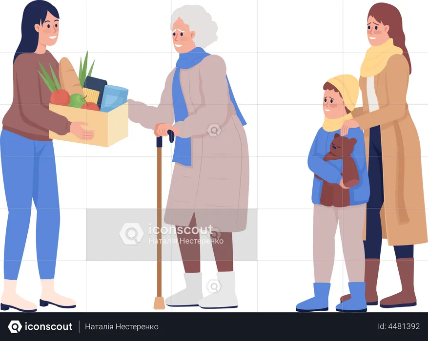 Family of refugees getting humanitarian aid  Illustration