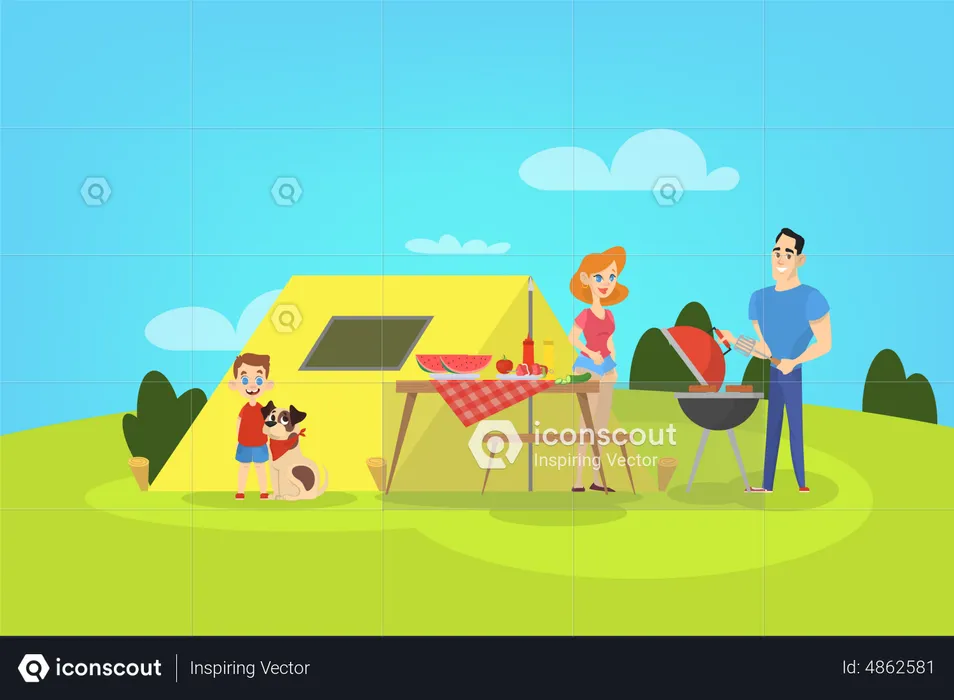 Family on BBQ party on the backyard  Illustration
