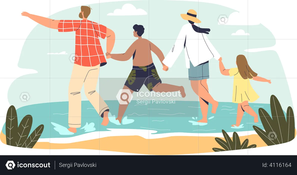 Family on vacation together at beach  Illustration