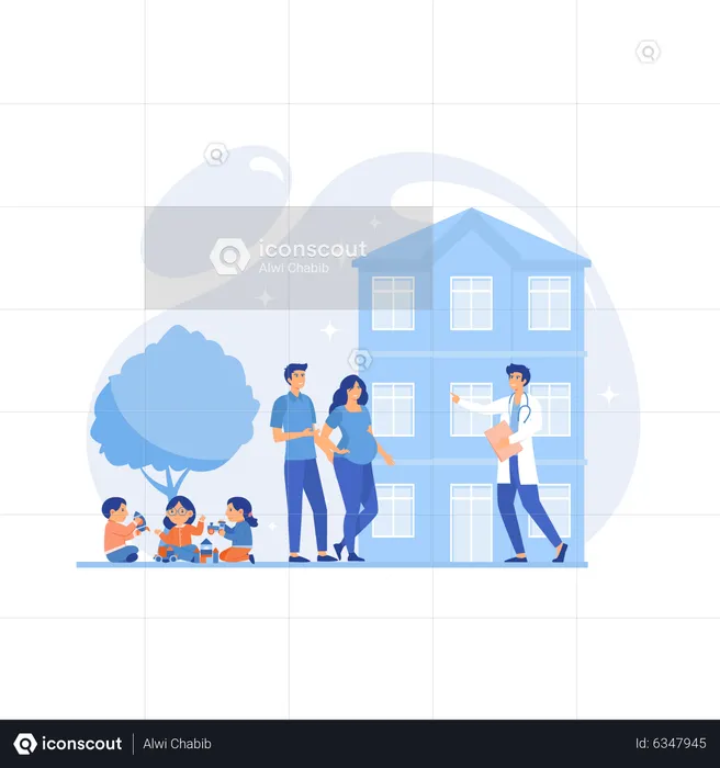 Family physician with husband  Illustration