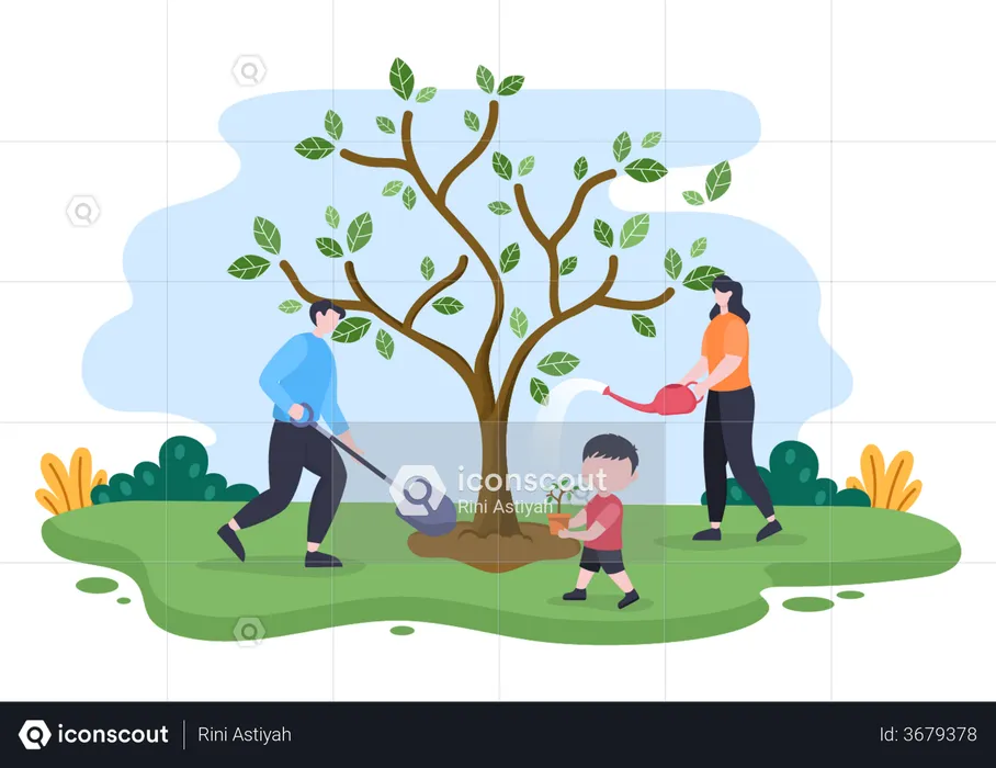 Family planting trees  Illustration