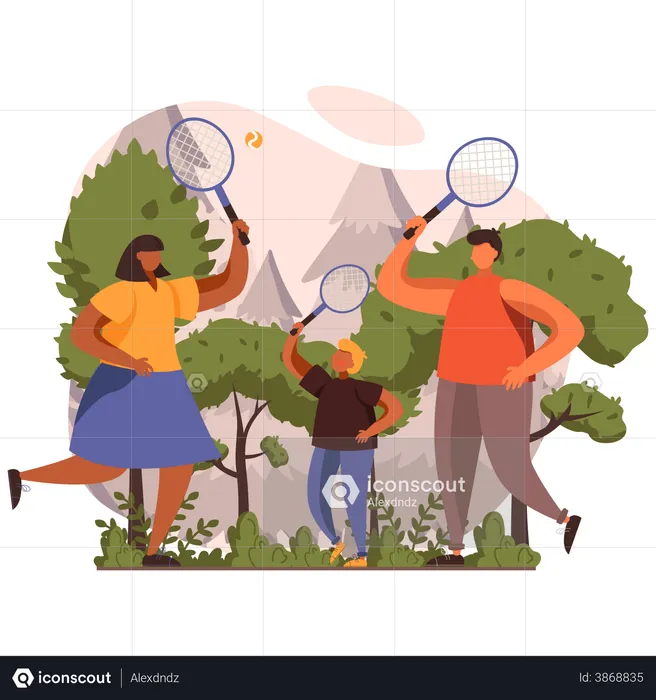 Family playing Badminton together  Illustration