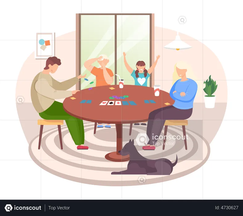 Family playing board game with cards  Illustration
