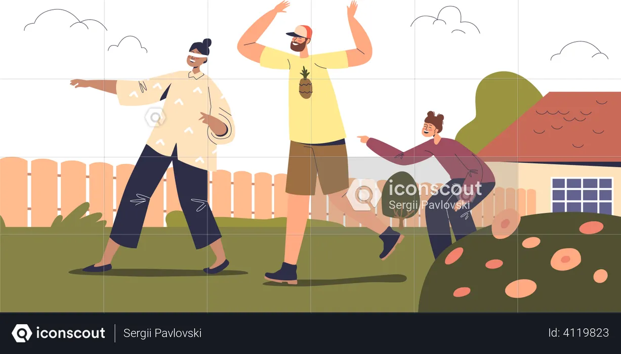 Family playing games in backyard  Illustration