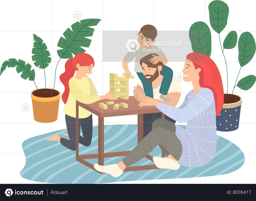 Family playing Jenga game sitting at floor  Illustration
