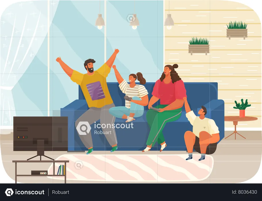 Family playing video game at home  Illustration