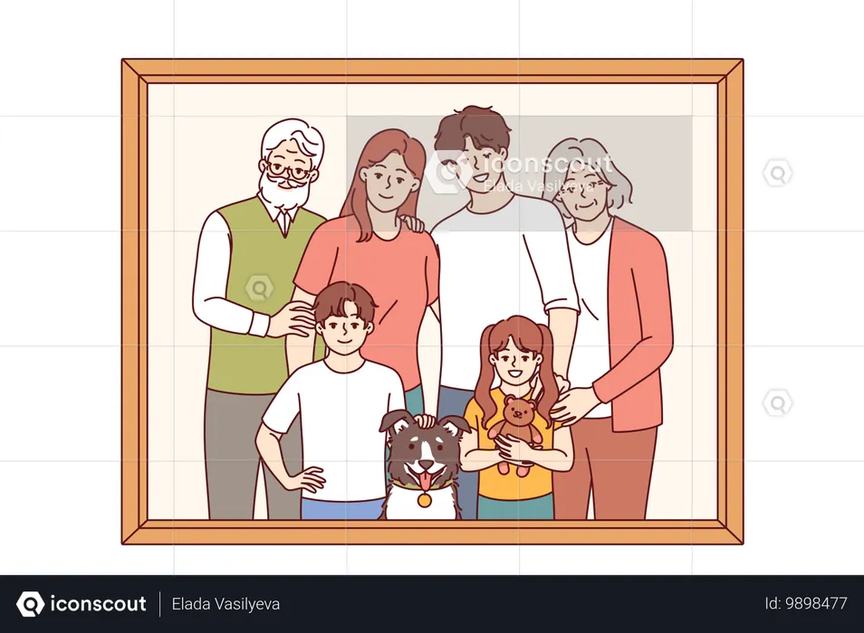 退職者と子供、孫、犬が思い出に残る写真を撮る家族写真  イラスト