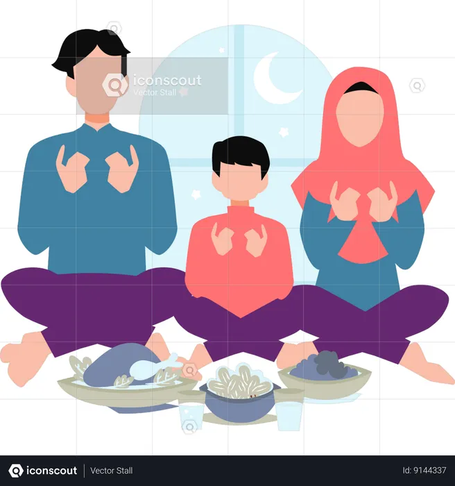 Family praying before breaking fast  Illustration