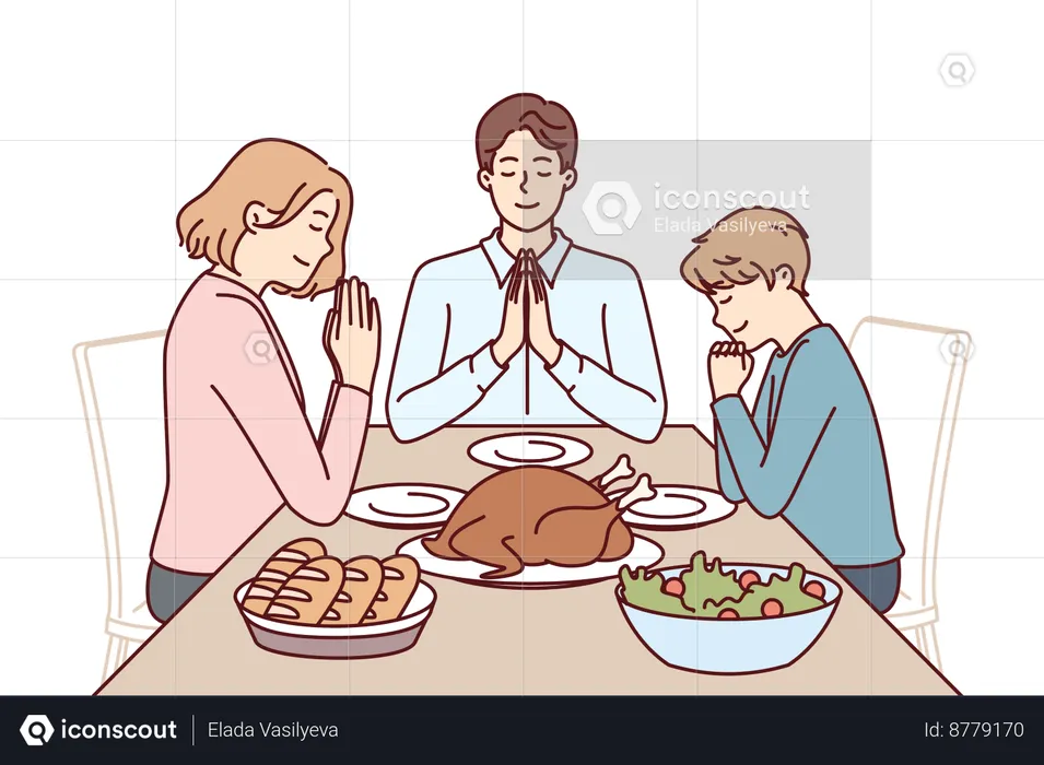 Family prays to god before eating food  Illustration