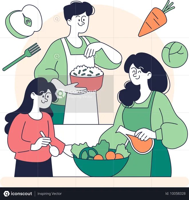 Family prepares vegetable bowl together  Illustration