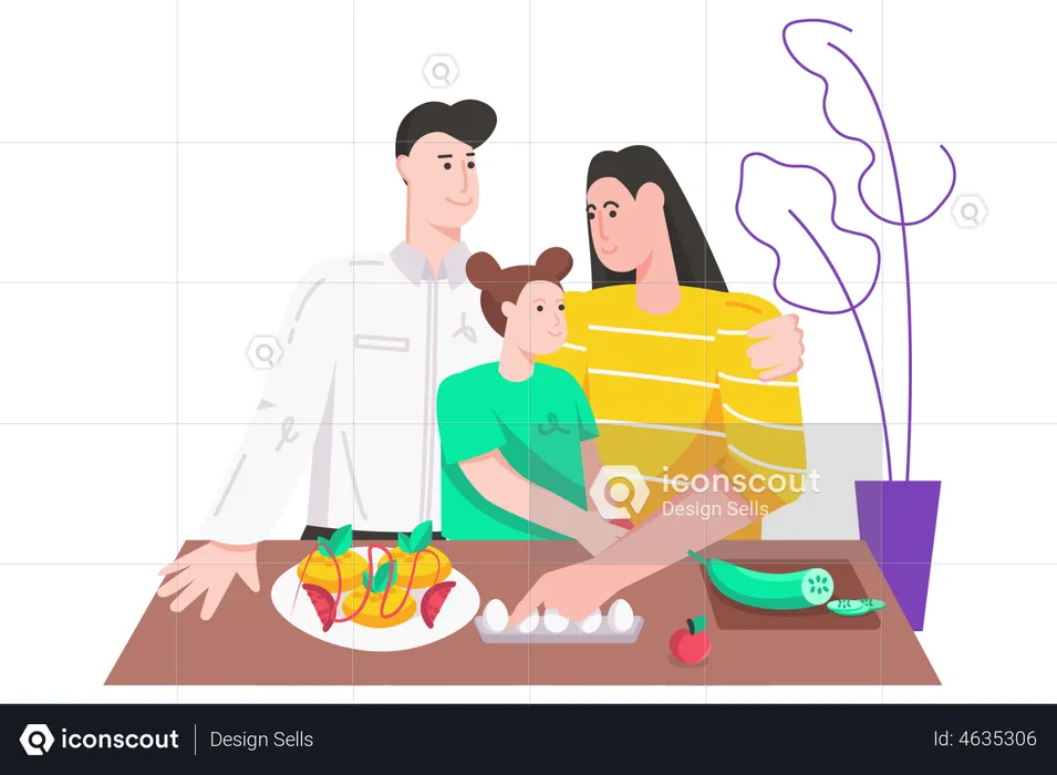 Family preparing dinner together at home kitchen  Illustration