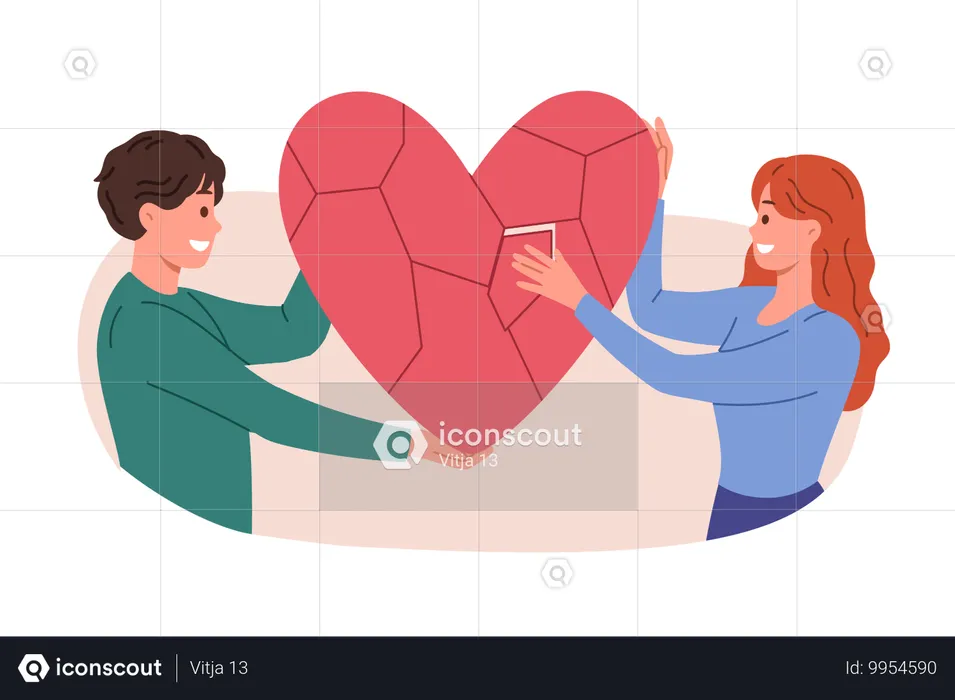 Family reunion of man and woman re-establishing relationship and holding heart made of small pieces  Illustration