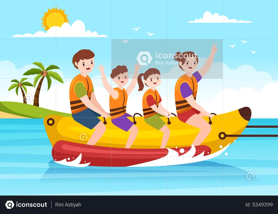 Family riding banana boat jet ski  Illustration