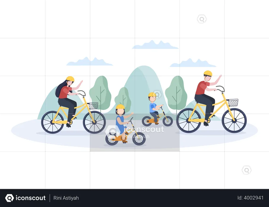 Family riding bicycle in park  Illustration