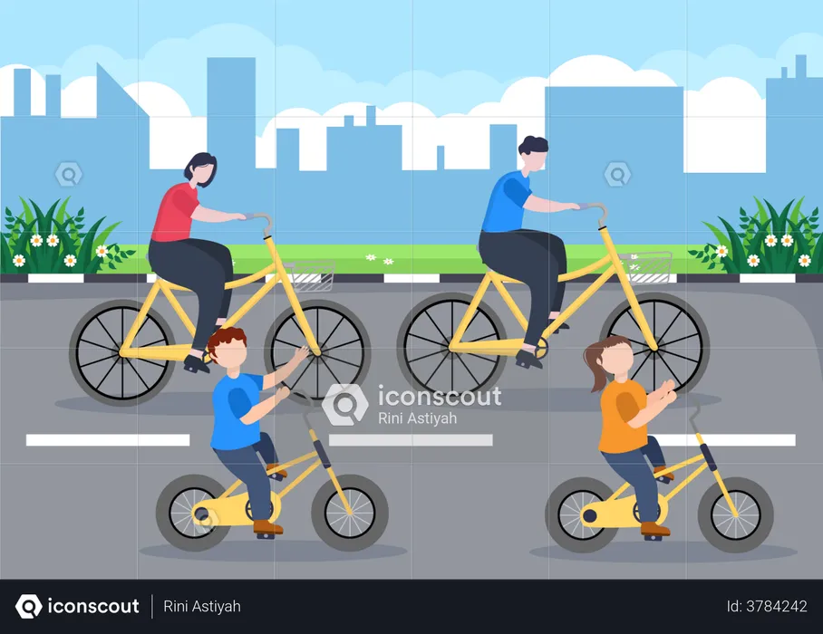 Family riding bicycles  Illustration