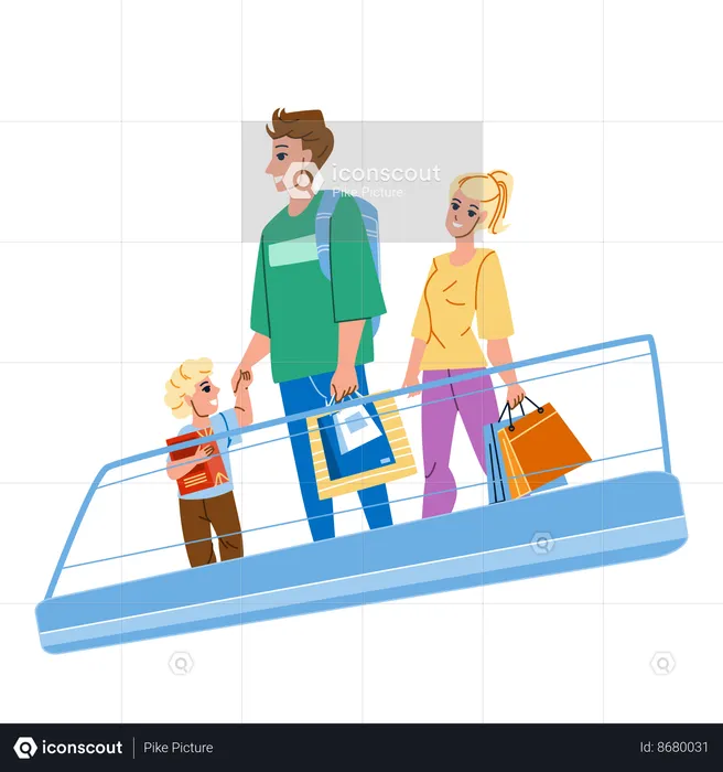 Family Riding On Mall Escalator Together  Illustration