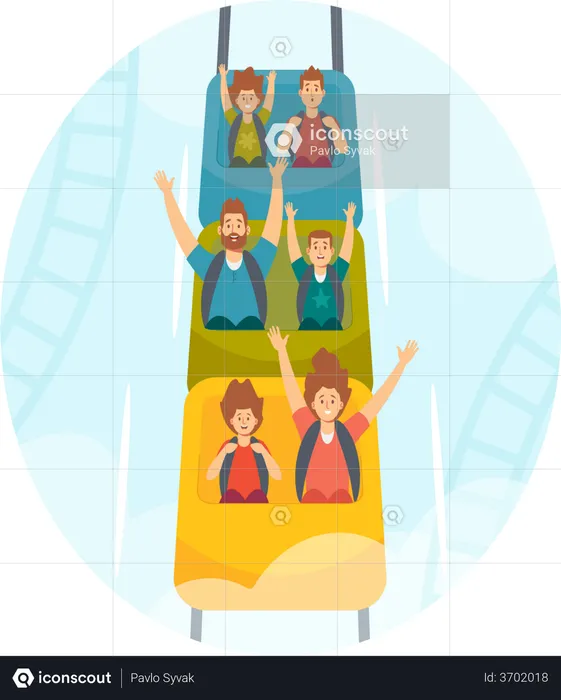 Family Riding Roller Coaster in Amusement Park Illustration