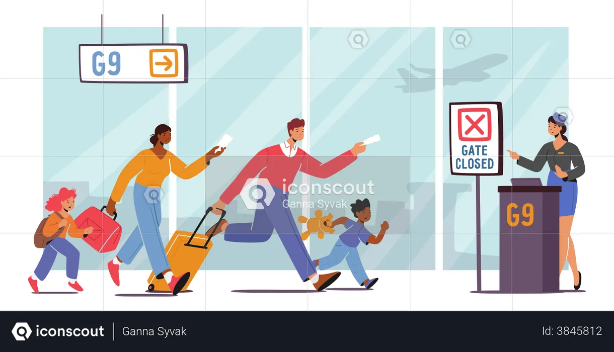 Family running late at airport  Illustration
