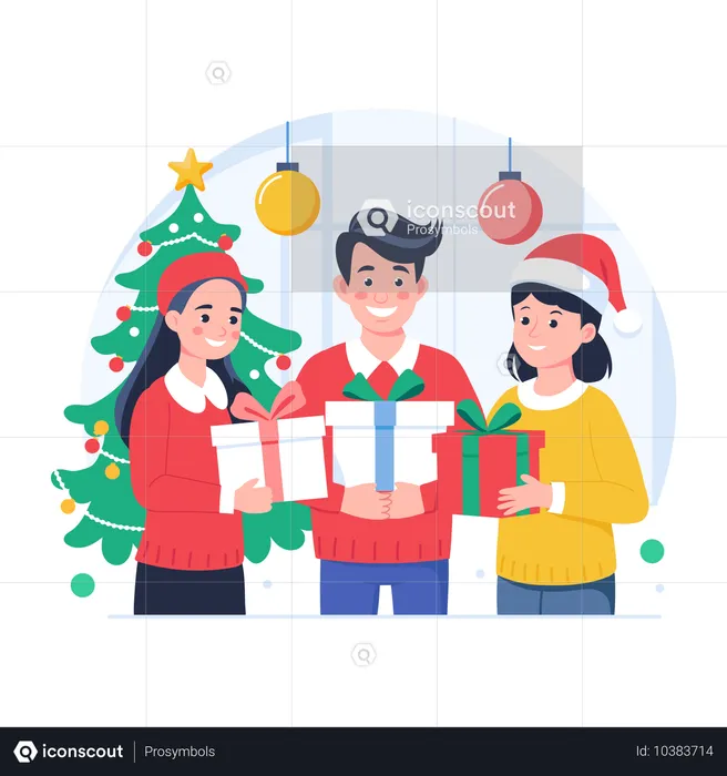 Family sharing Christmas gifts with each other  Illustration