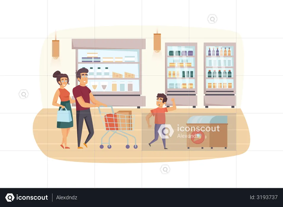 Family shopping in supermarket together  Illustration