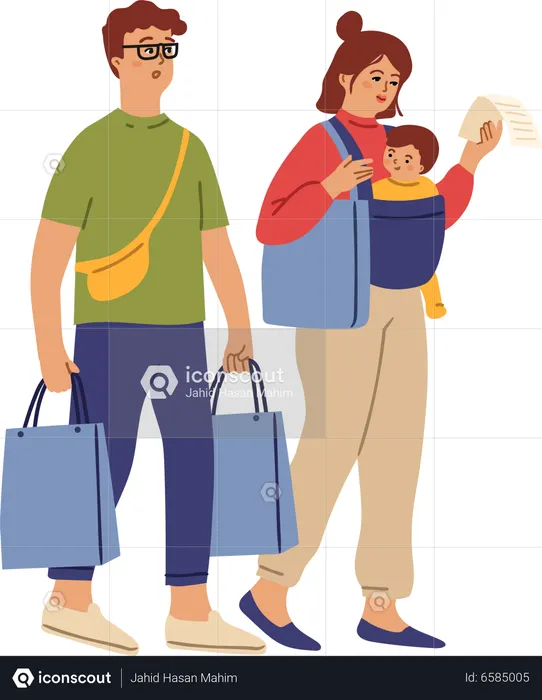 Family shopping. Woman food bag, couple running to shop. Mom carry bags, parents buying clothes to kids. Customers in mall vector character. Female and male, person buyer do shopping illustration  Illustration