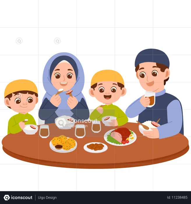 Family sits together for Iftar  Illustration