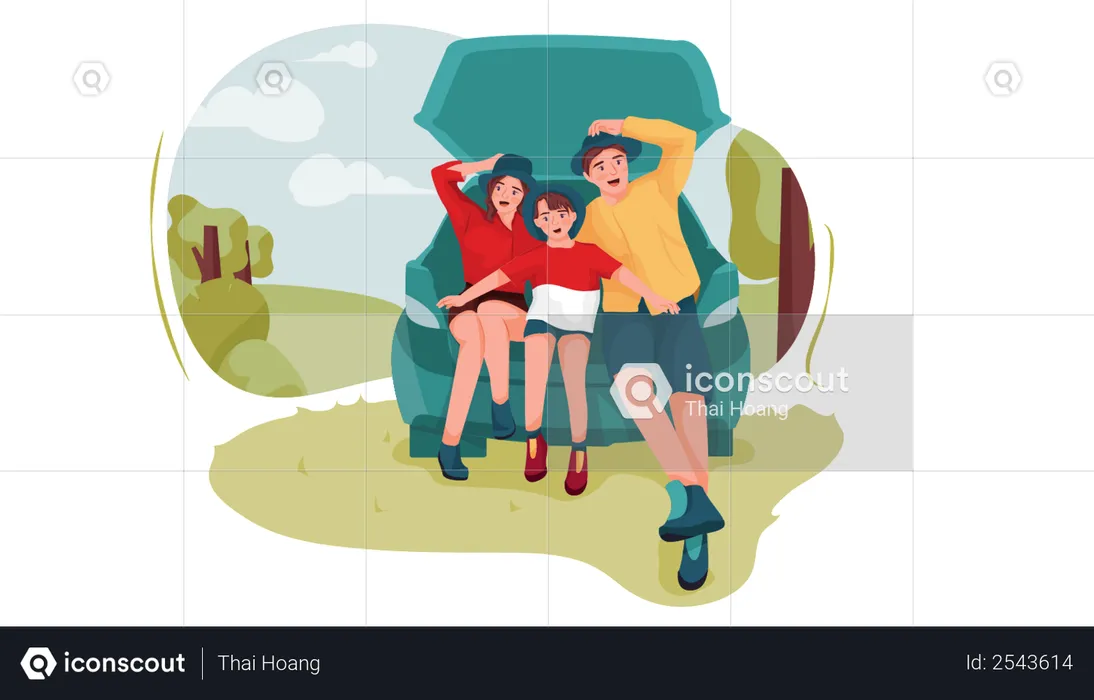 Family sitting in car trunk  Illustration