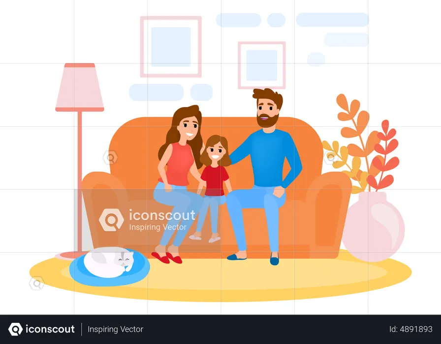 Family sitting on the couch with cat at home  Illustration