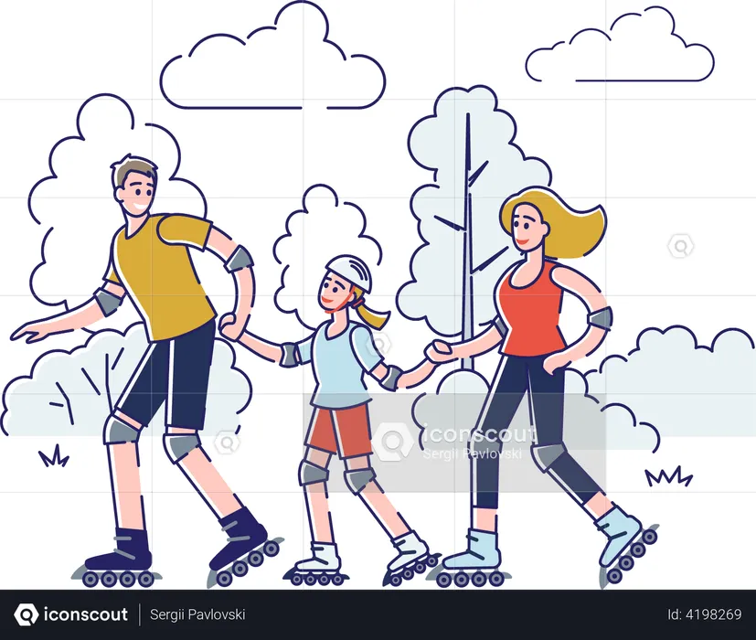 Family skating together at skating park  Illustration