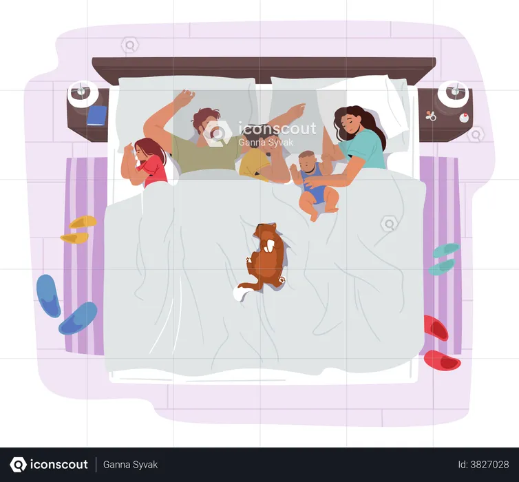 Family Sleep Together On One Bed. Mom, Dad And Kids Embracing Each Other  Illustration