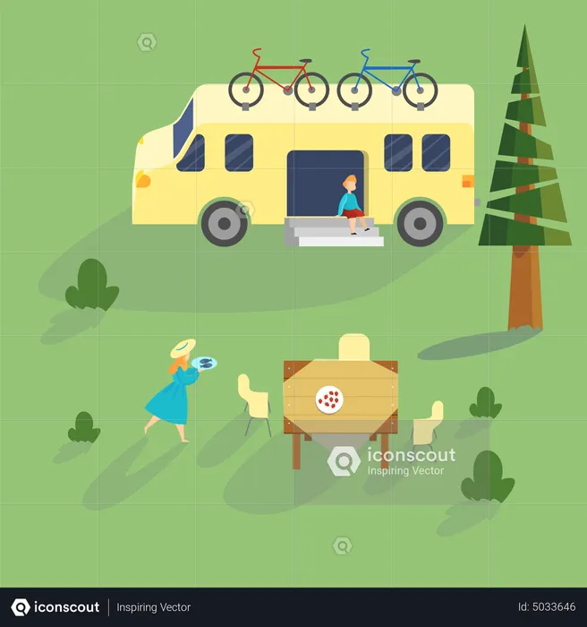 Family spend time on nature at the camping truck  Illustration