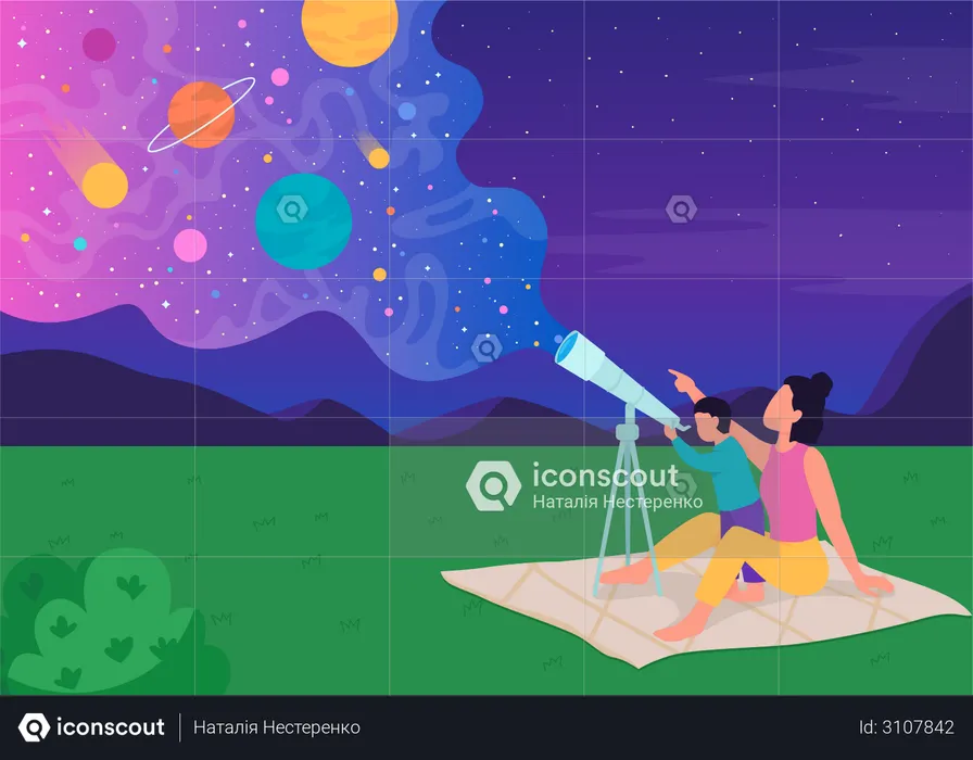 Family stargazing sky with telescope  Illustration