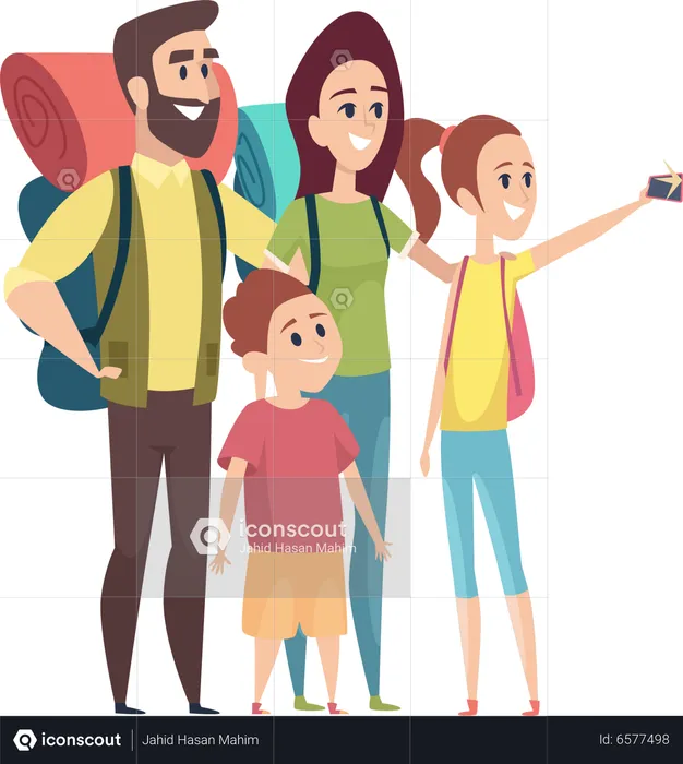 Family take selfie during hike  Illustration