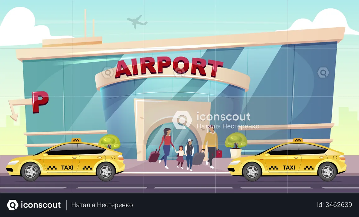 Family takes taxi at airport  Illustration