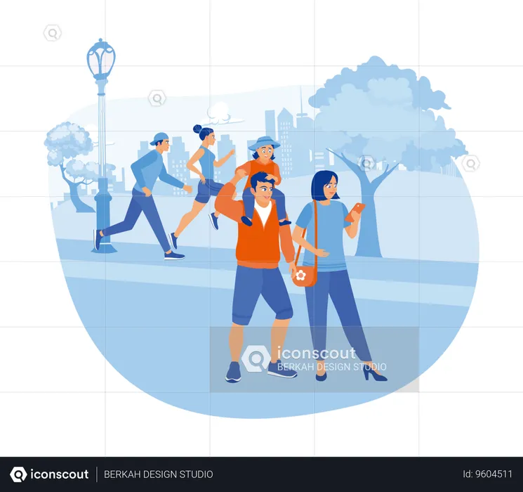 Family taking a walk in the city park  Illustration