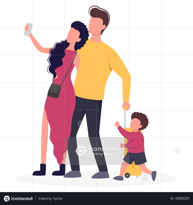 Family taking photo on trip  Illustration